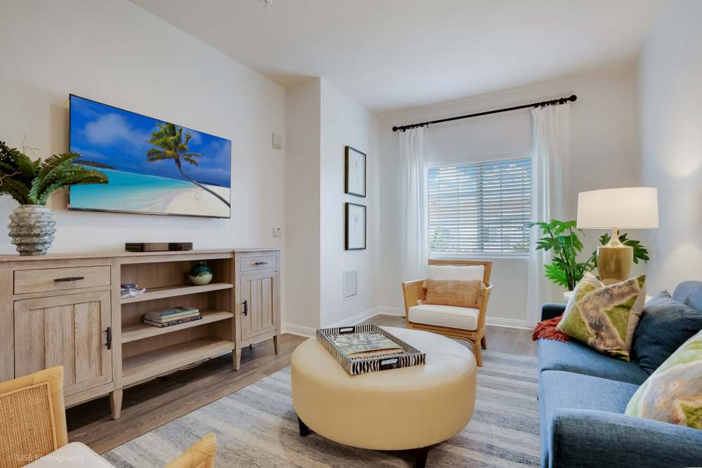 A cozy living room featuring a flat screen TV and a couch at The Meridian at Boca Raton in Boca Raton, Florida.