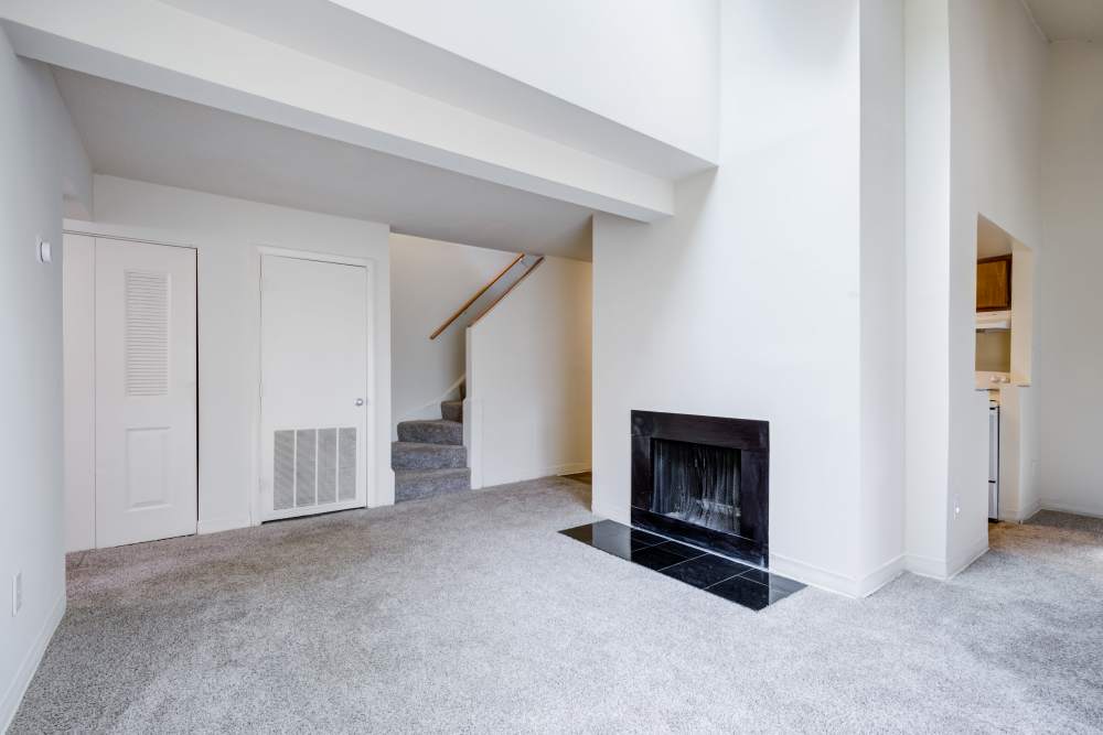Living room with fire furnace at Preserve at Cradlerock Apartment Homes in Columbia, Maryland