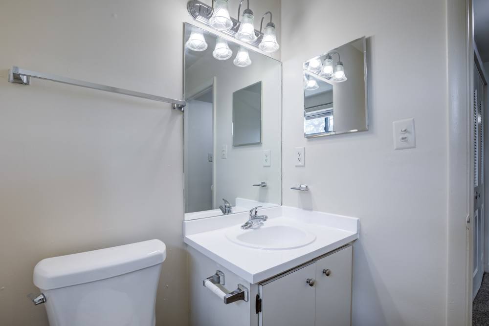 Bathroom with vanity mirror at Preserve at Cradlerock Apartment Homes in Columbia, Maryland