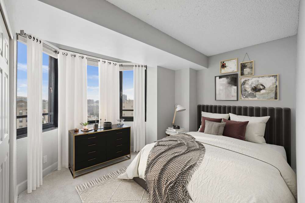 Large primary bedroom with a view at Tower 737 Condominium Rentals in San Francisco, California