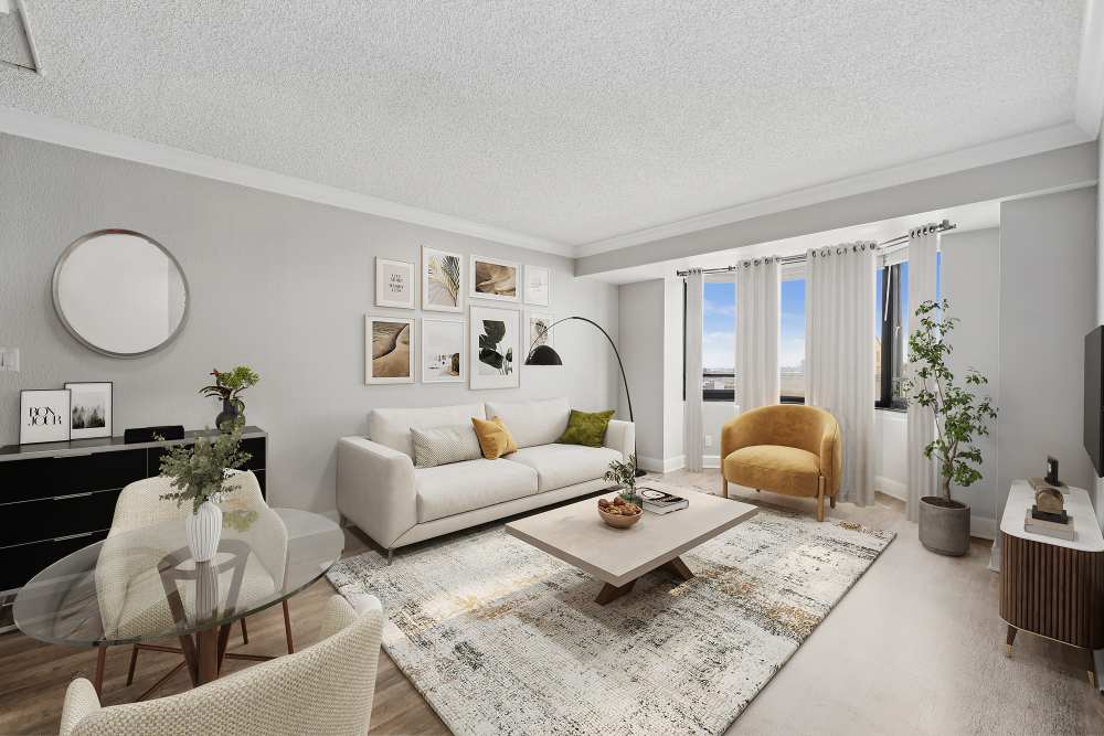 Spacious living room with lots of natural sunlight at Tower 737 Condominium Rentals in San Francisco, California