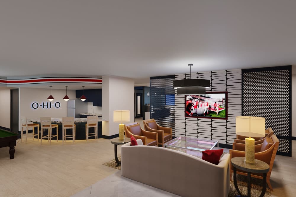 Stylish Reception Area With A Desk and Wall Art at Altitude Columbus in Columbus, Ohio