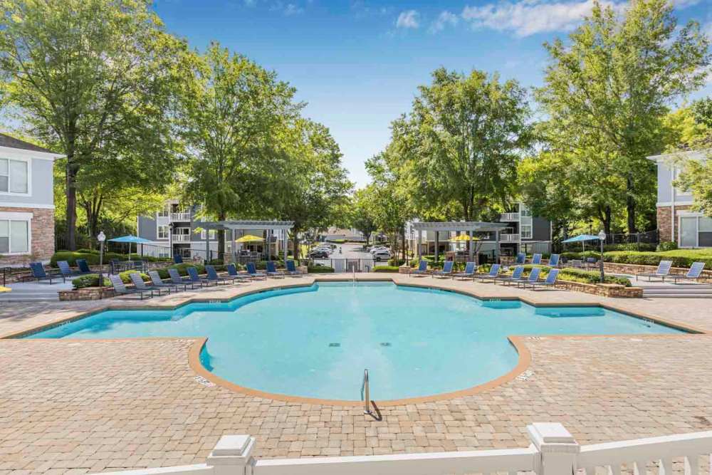 The sparkling community swimming pool at Retreat at Johns Creek in Duluth, Georgia