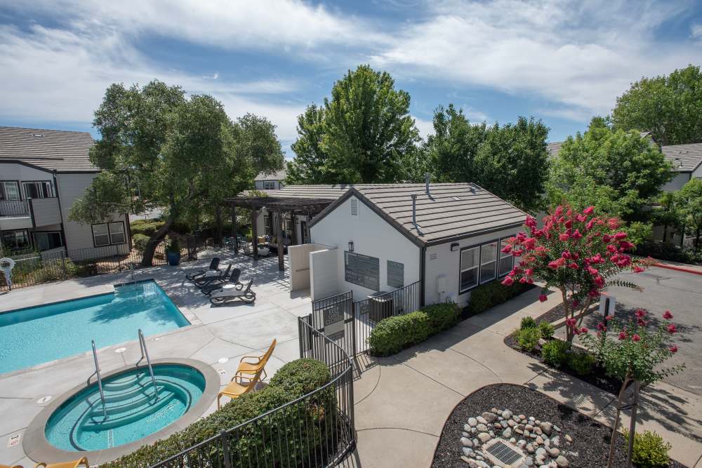 Aerial view of swimming pool at Ava Apartments in Rocklin, California, 