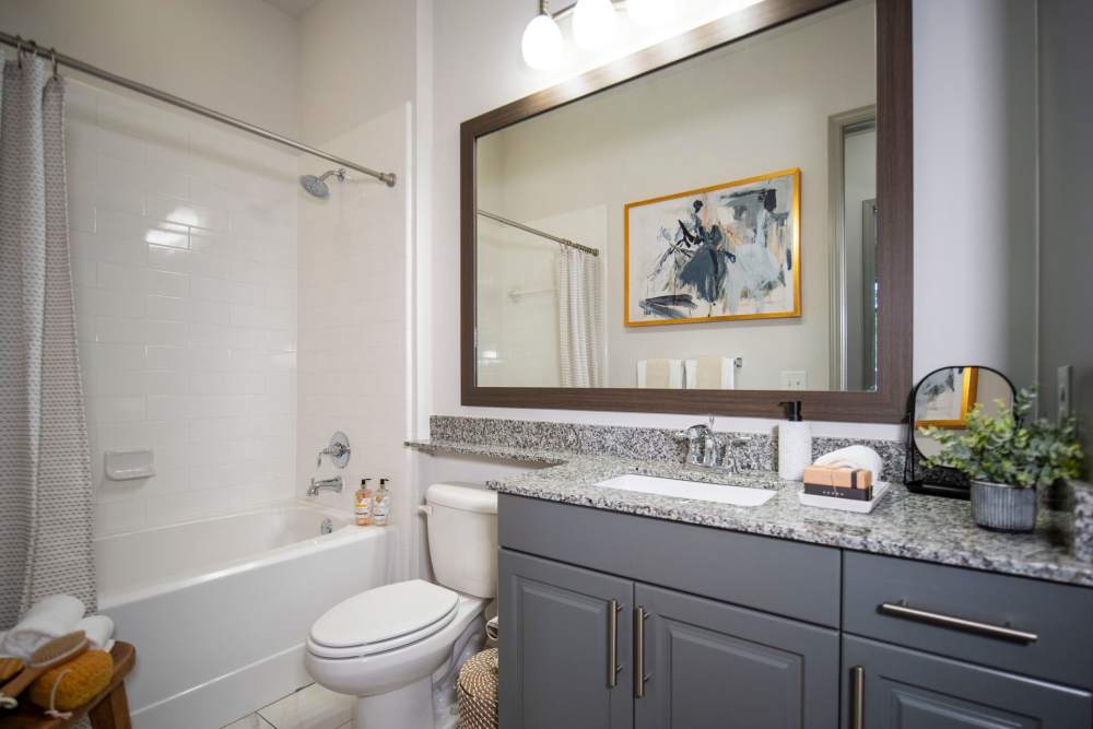 A model bathroom with a granite countertop at The Mill at Westside in Atlanta, Georgia