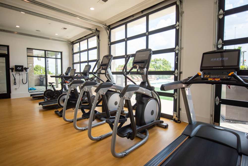Weightlifting equipment in the fitness center at The Mill at Westside in Atlanta, Georgia