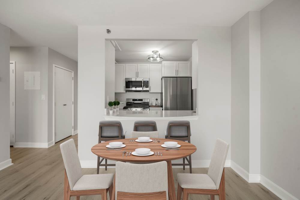 Kitchen with modern appliances at Parkside Place in Cambridge, Massachusetts