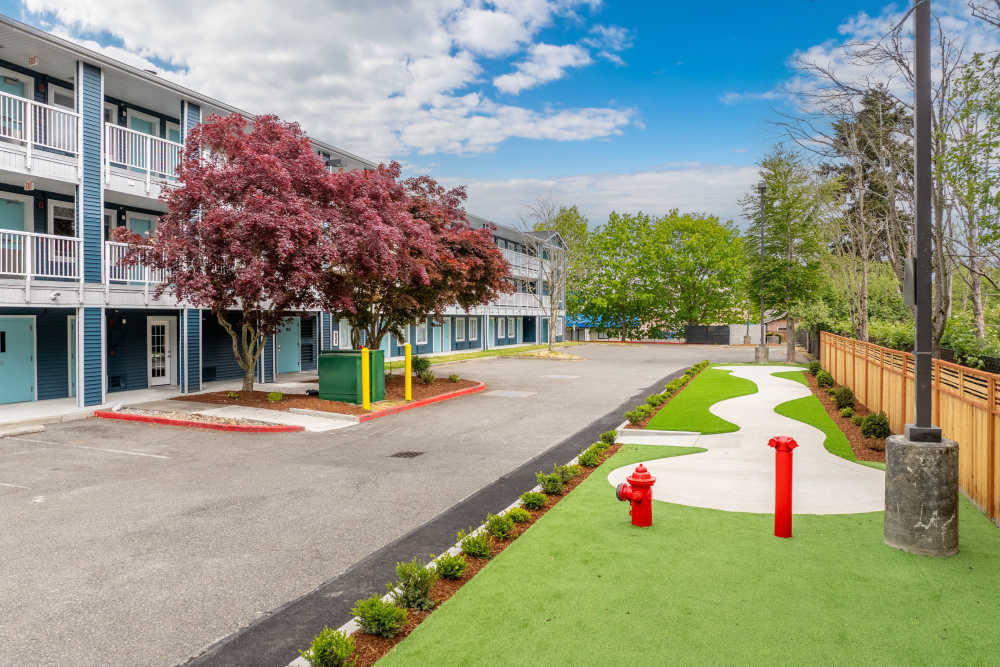Pet-friendly bark park and pet relief area at The Theodore in Tacoma, Washington
