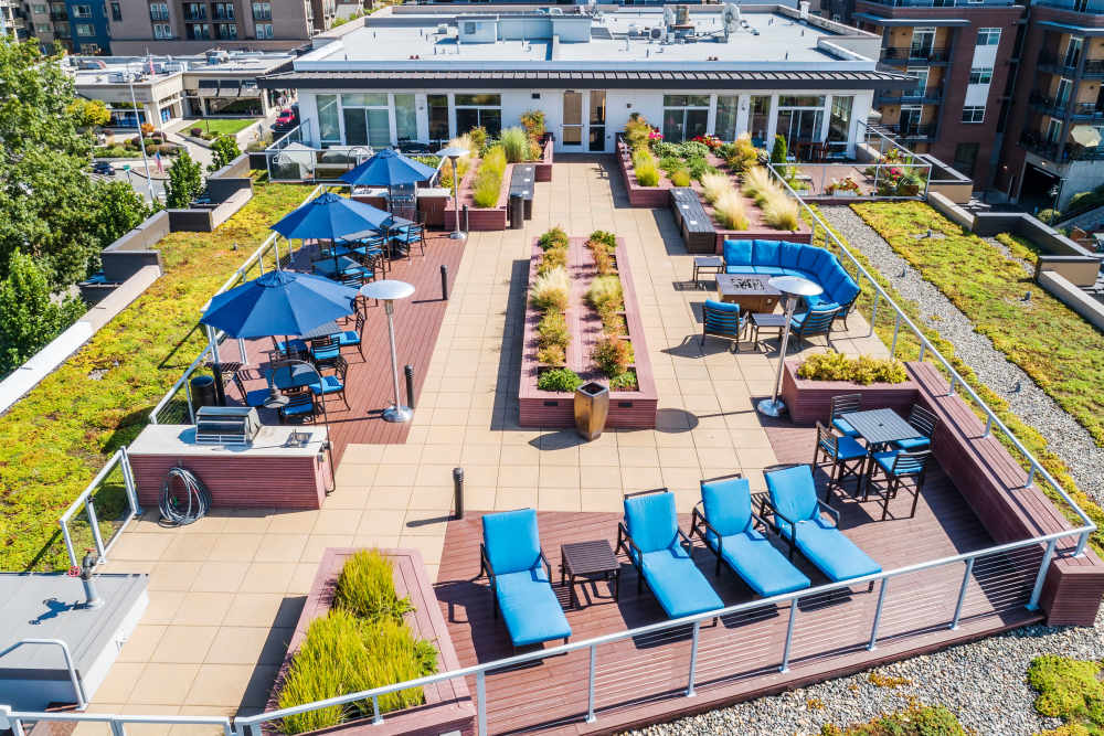 Aerial view of rooftop deck at The 101 in Kirkland, Washington