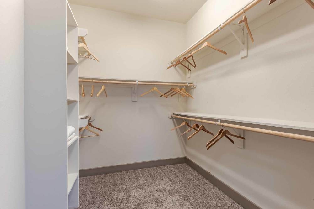 A walk-in closet featuring a white shelf and various clothes hanging, located at Henley at The Rim, San Antonio, Texas.