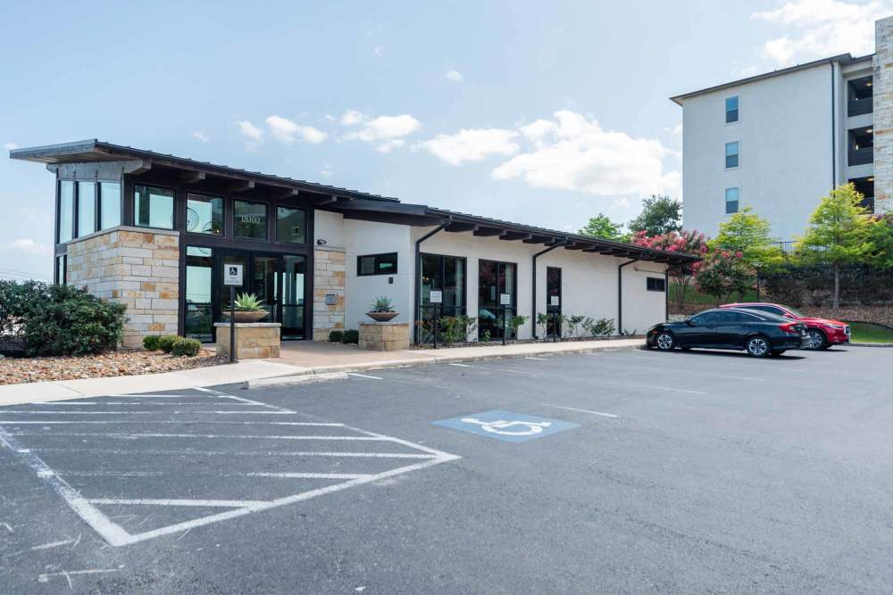 Front entrance of the office building at the park in Henley at The Rim, San Antonio, Texas.