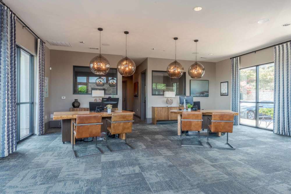 Office area at Henley at The Rim featuring modern furnishings and a bright, inviting atmosphere in San Antonio, Texas
