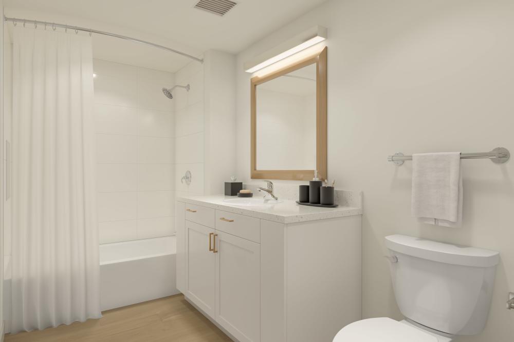 Modern bathroom with a clean design, featuring a bathtub with a shower curtain, a stylish vanity with a mirror, and essential fixtures, all in a well-lit space at The Renaissance in Naples, Florida
