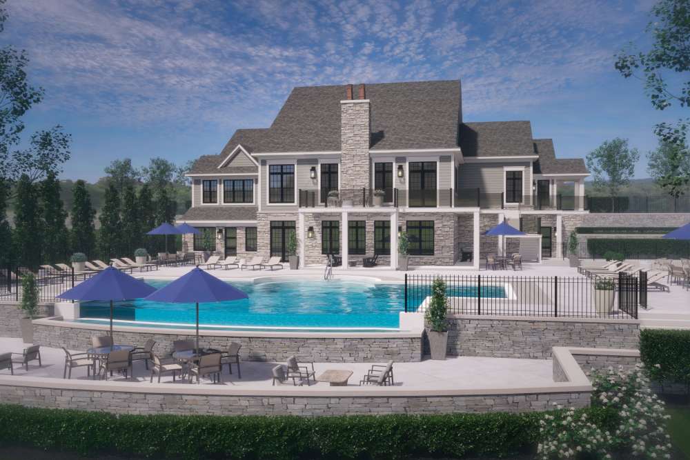 Exterior view of clubhouse swim deck at Encore at West Valley in White Lake, Michigan