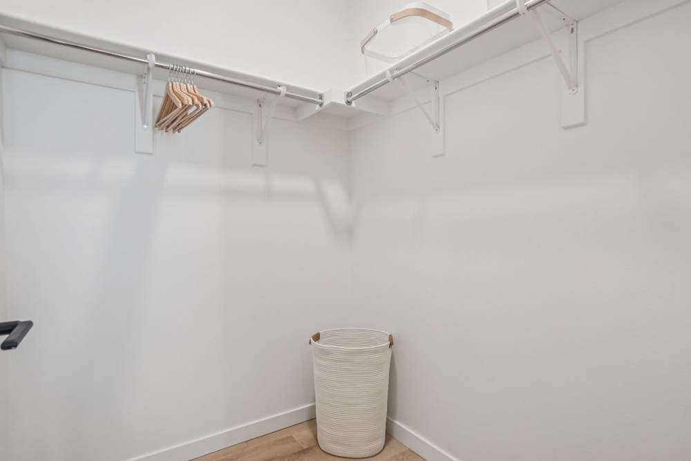 Spacious walk-in closet featuring hanging space and a laundry basket, with clean white walls and wooden flooring at Tempo at Nine Mile Station in Aurora, Colorado.