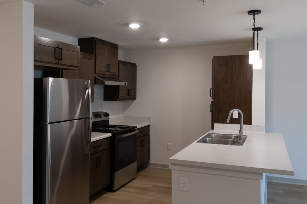 A modern kitchen featuring stainless steel appliances and a sleek sink, showcasing a clean and functional design at The Pines At Peach Road in Raleigh, North Carolina