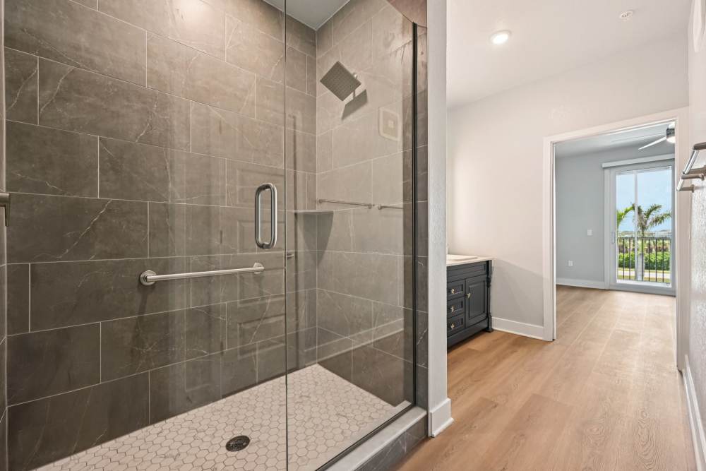 Shower Area with Glass Door at The Vivien in Vero Beach, Florida