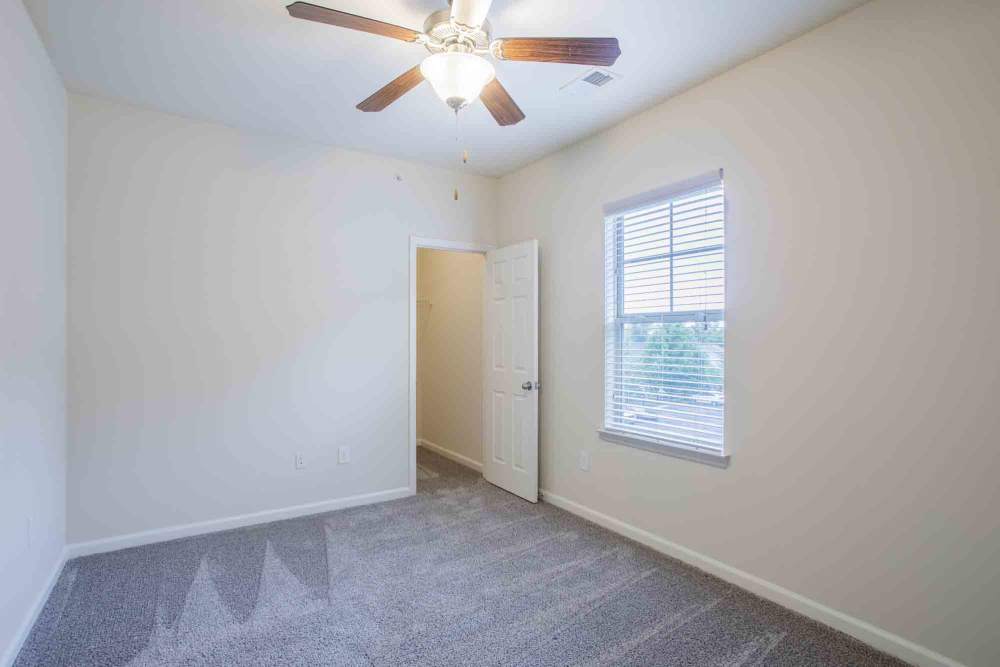 Small empty room with beige walls, gray carpet, ceiling fan, and closet at Commonwealth at 31 in Spring Hill, Tennessee.