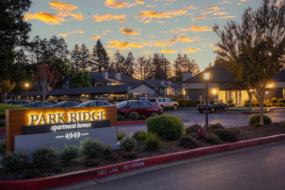 Sign during the night at Park Ridge Apartment Homes in Rohnert Park, California
