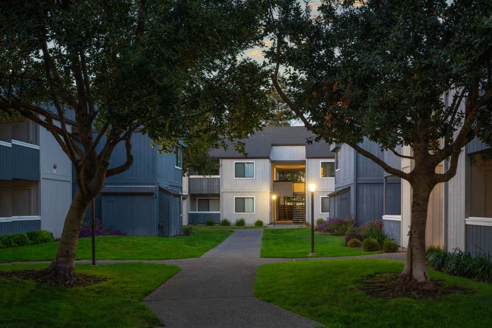 Exterior of the apartment with the trees around at Park Ridge Apartment Homes in Rohnert Park, California