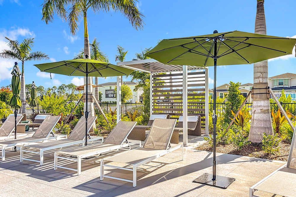 Swimming pool chairs with umbrellas at BB Living Wellen Park in Venice, Florida