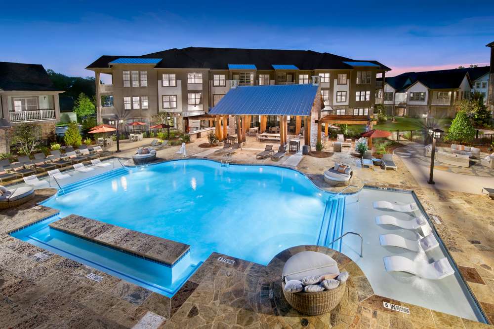 Pool area aerial view at Timberline View in Buford, Georgia
