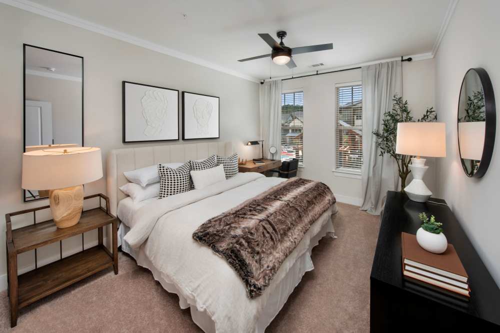 Bedroom with ceiling fan at Timberline View in Buford, Georgia