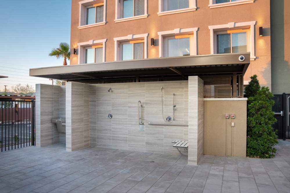 Outdoor shower area at Heirloom at Pebble in Las Vegas, Nevada