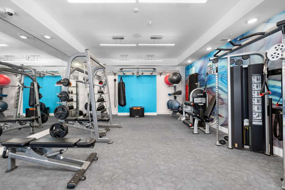Model KitchenFitbess Center with machines and weights SoBA Apartments in Jacksonville, Florida