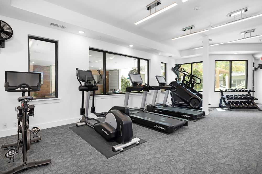 Community fitness center with weight machines at SoBA Apartments in Jacksonville, Florida