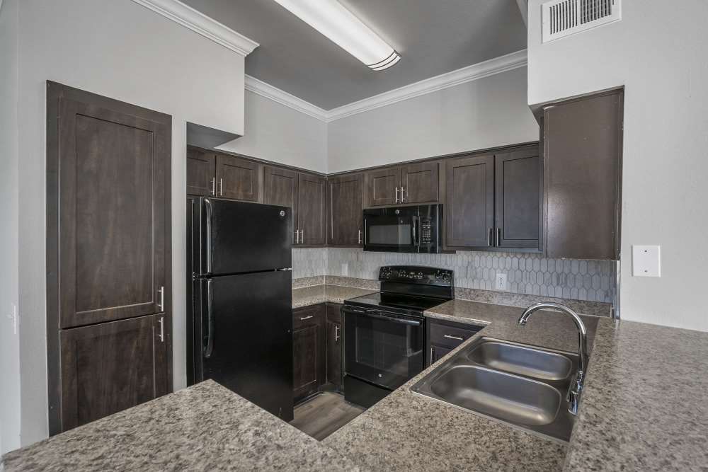 Apartment kitchen with stainless-steel sink and wooden cabinetry at Lyndon in Houston,Texas