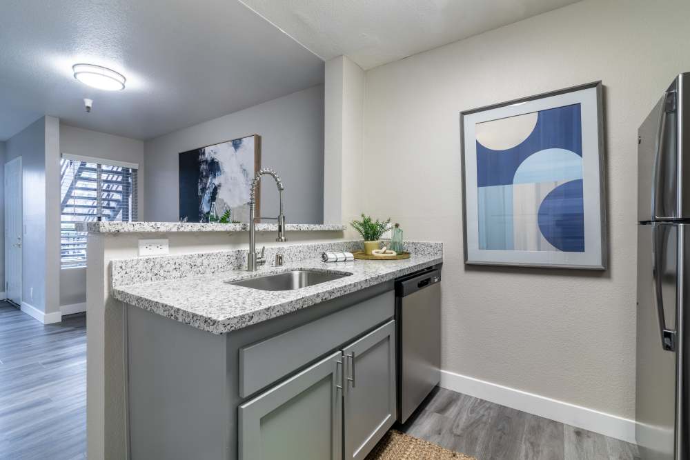 Beautiful kitchen sink at Gateway Apartments in San Leandro, California