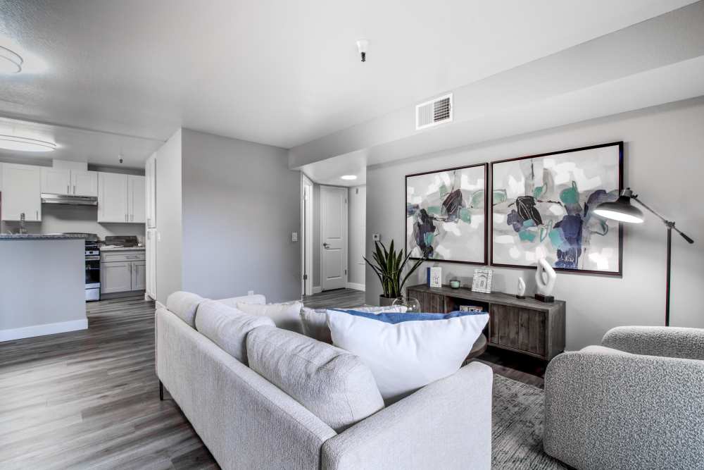 Comfortable couches in your living room at Gateway Apartments in San Leandro, California