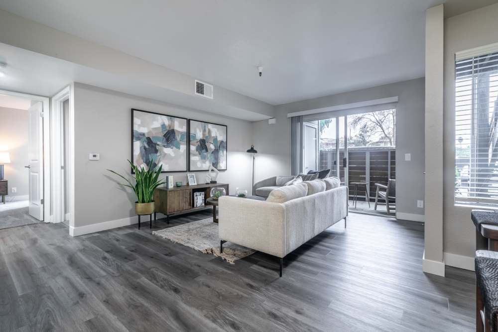 Spacious living room at Gateway Apartments in San Leandro, California
