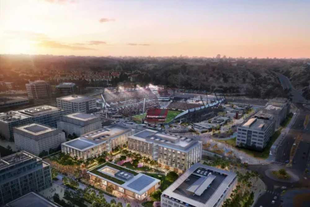 Photo of snapdragon stadium and aerial view of the neighborhood