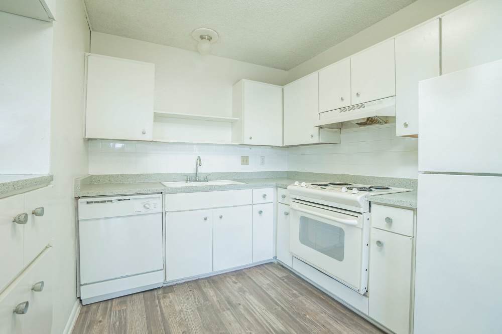 Kitchen with white wooden cabinets at Gold Talon in Universal City, Texas