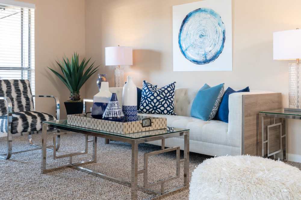 Bright living room at Highlands Creek Apartments in Dallas,Texas
