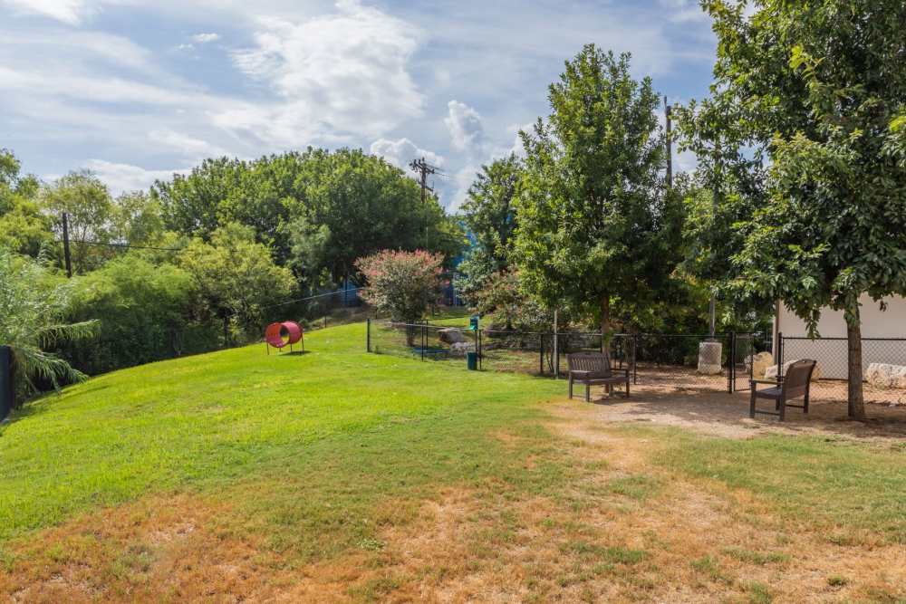 Lush garden with seating area and partial fencing at Alcove at Alamo Heights in San Antonio, Texas