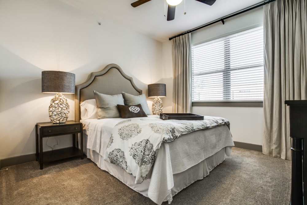 Cozy bedroom with stylish decor and natural light at Alcove at Alamo Heights in San Antonio, Texas