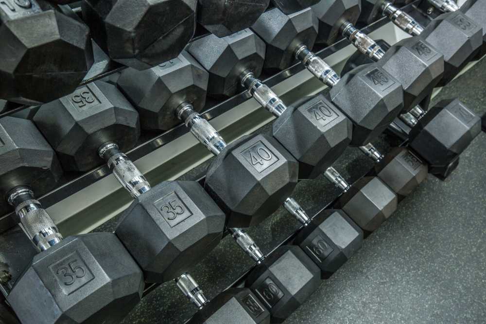 Dumbbells stacked inside the community gym at Wellshire Apartments in Denver,Colorado