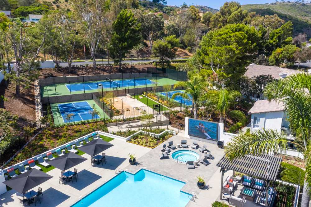 Pool, spa, pickleball courts, and tennis court at Marea in Dana Point, California