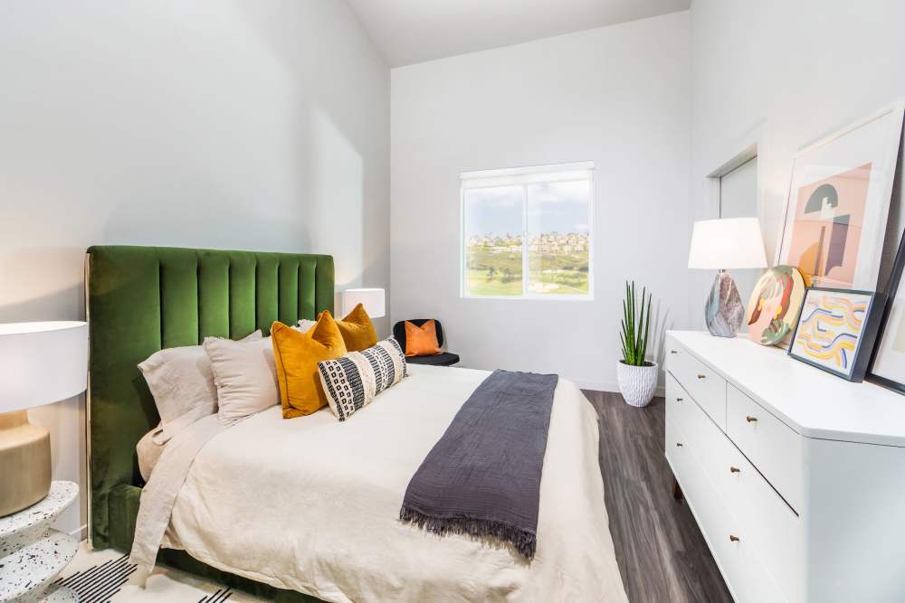 M Collection bedroom with tall ceilings at Marea in Dana Point, California