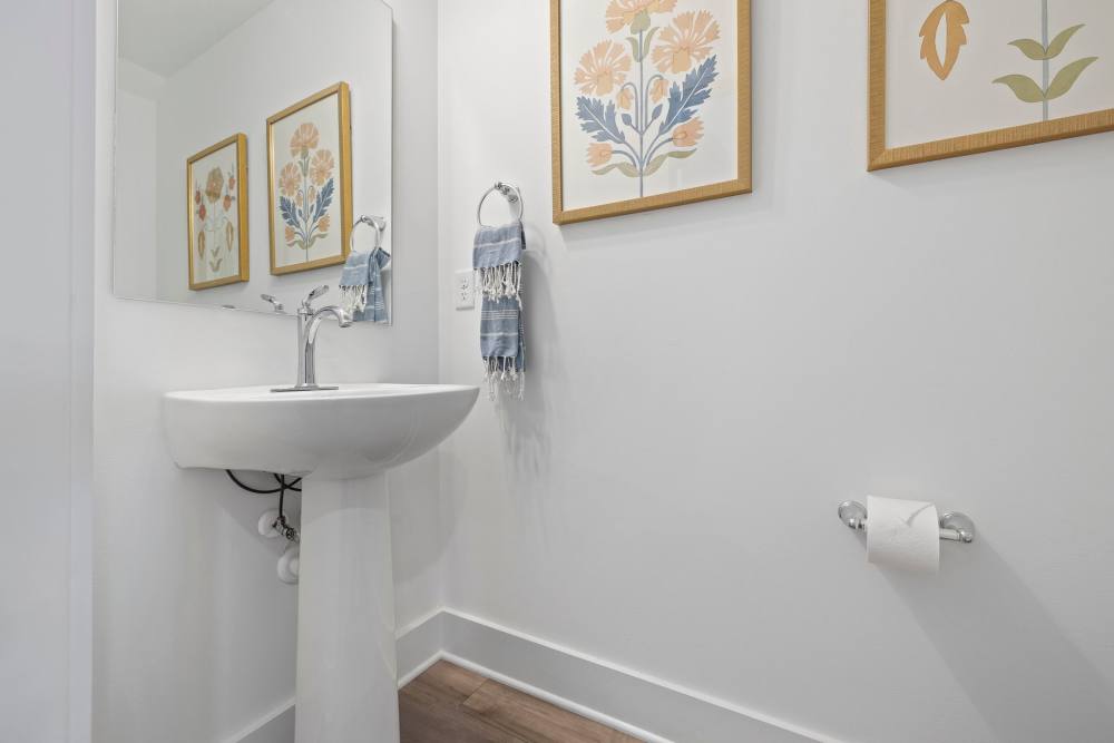 Modern bathroom with pedestal sink, mirror, and botanical wall art at Artisan Living Mills River in Mills River, North Carolina