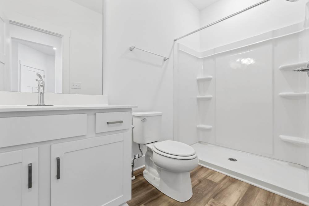Bright bathroom with white vanity and built-in shower shelves at Artisan Living Mills River in Mills River, North Carolina