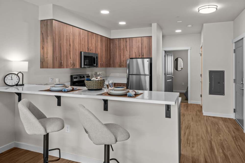 Modern kitchen with granite countertops at Peak 42 in Bend, Oregon