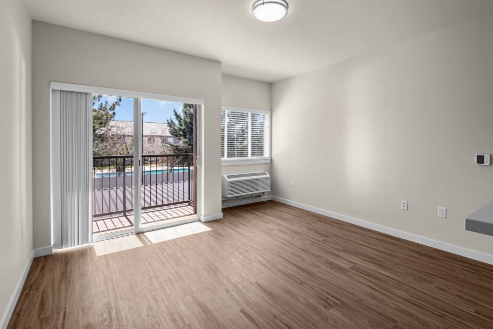 Spacious bedroom with a glass door at Peak 42 in Bend, Oregon