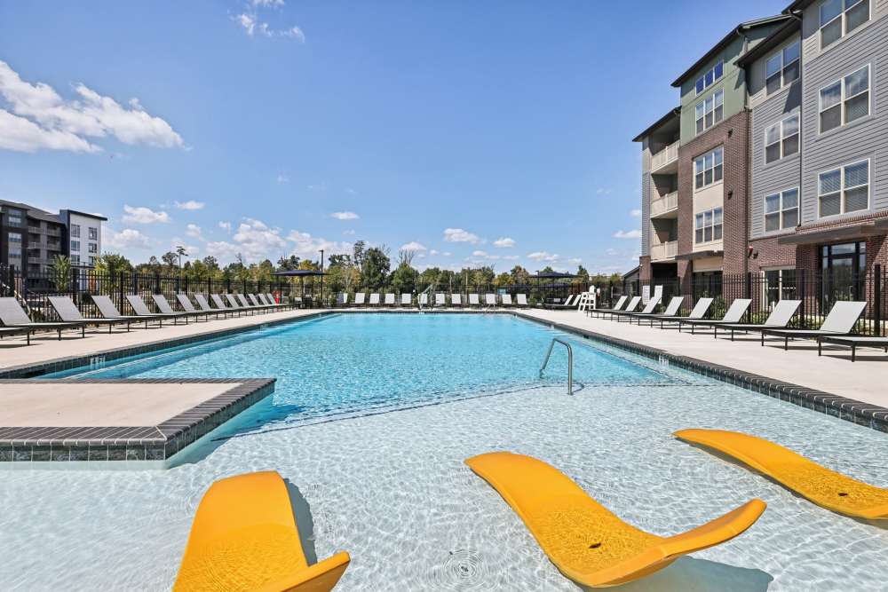 Private pool with sundeck and lounge chairs in water at Elms Shady Grove in Rockville, Maryland