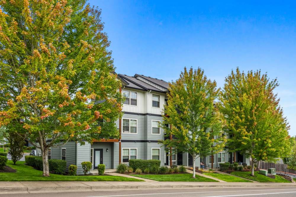 Townhouses nestled at the edge of a wooded area, showcasing a blend of nature and residential living of Orchard Ridge in Salem, Oregon