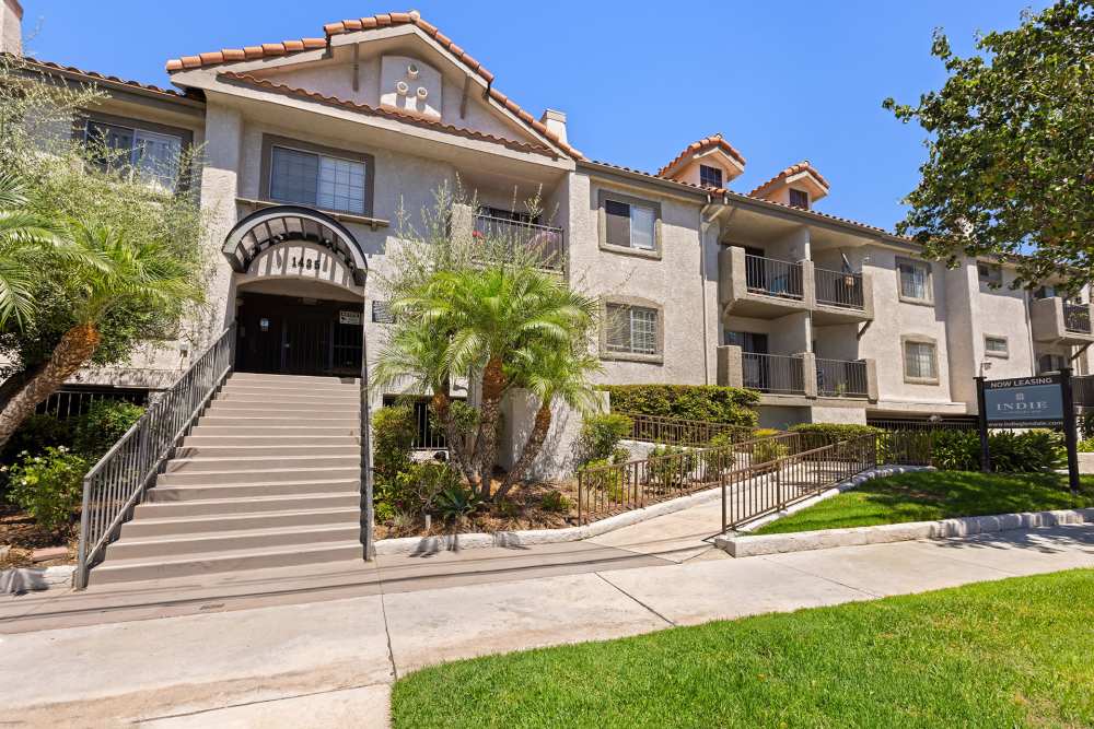Beautiful exterior view of apartment at The Indie Glendale Collection in Glendale, California