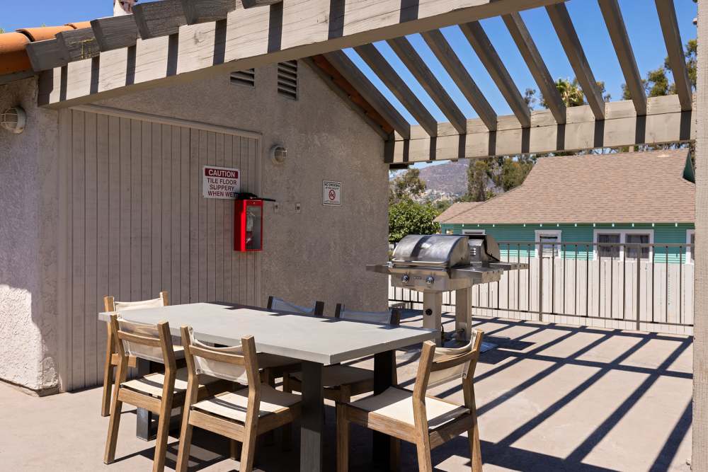 An outdoor grilling station provided with seating for the residents at The Indie Glendale Collection in Glendale, California